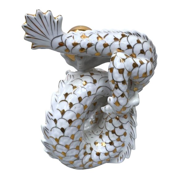 Vintage Yoshimi K Foo Dog Dragon Figurine Gold Red Accents 8" Mythical Orb Ball - Picture 3 of 8